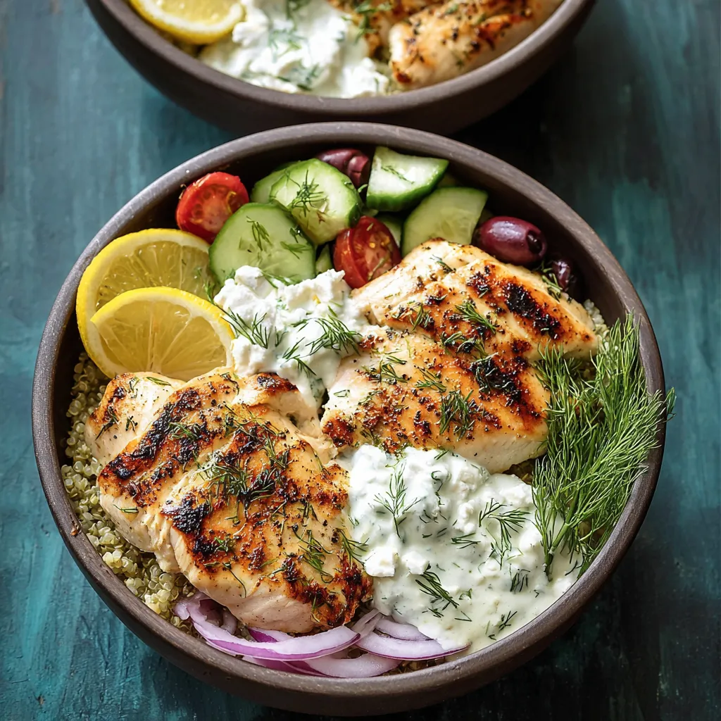A bowl of food with chicken, cucumbers, and yogurt.