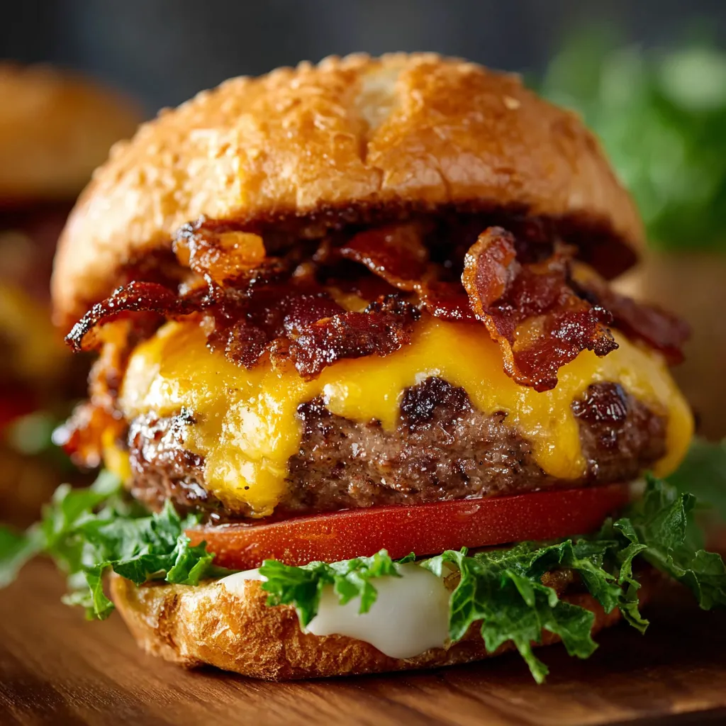 A close up of a bacon cheeseburger.