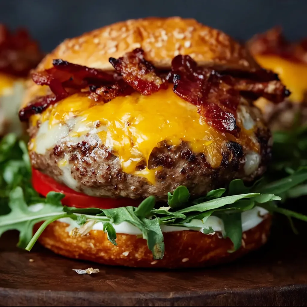 A close up of a bacon cheeseburger.