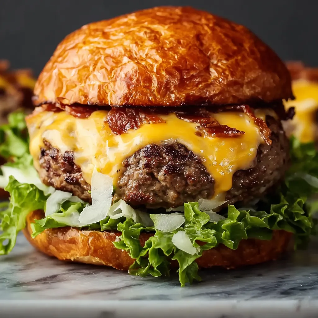 A burger with cheese and bacon on a bun.