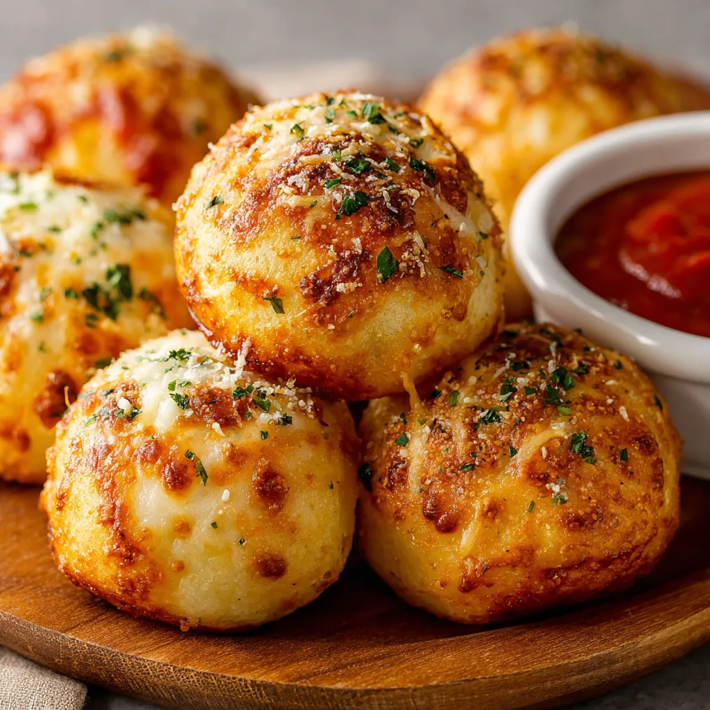 A plate of cheese balls with marinara sauce.