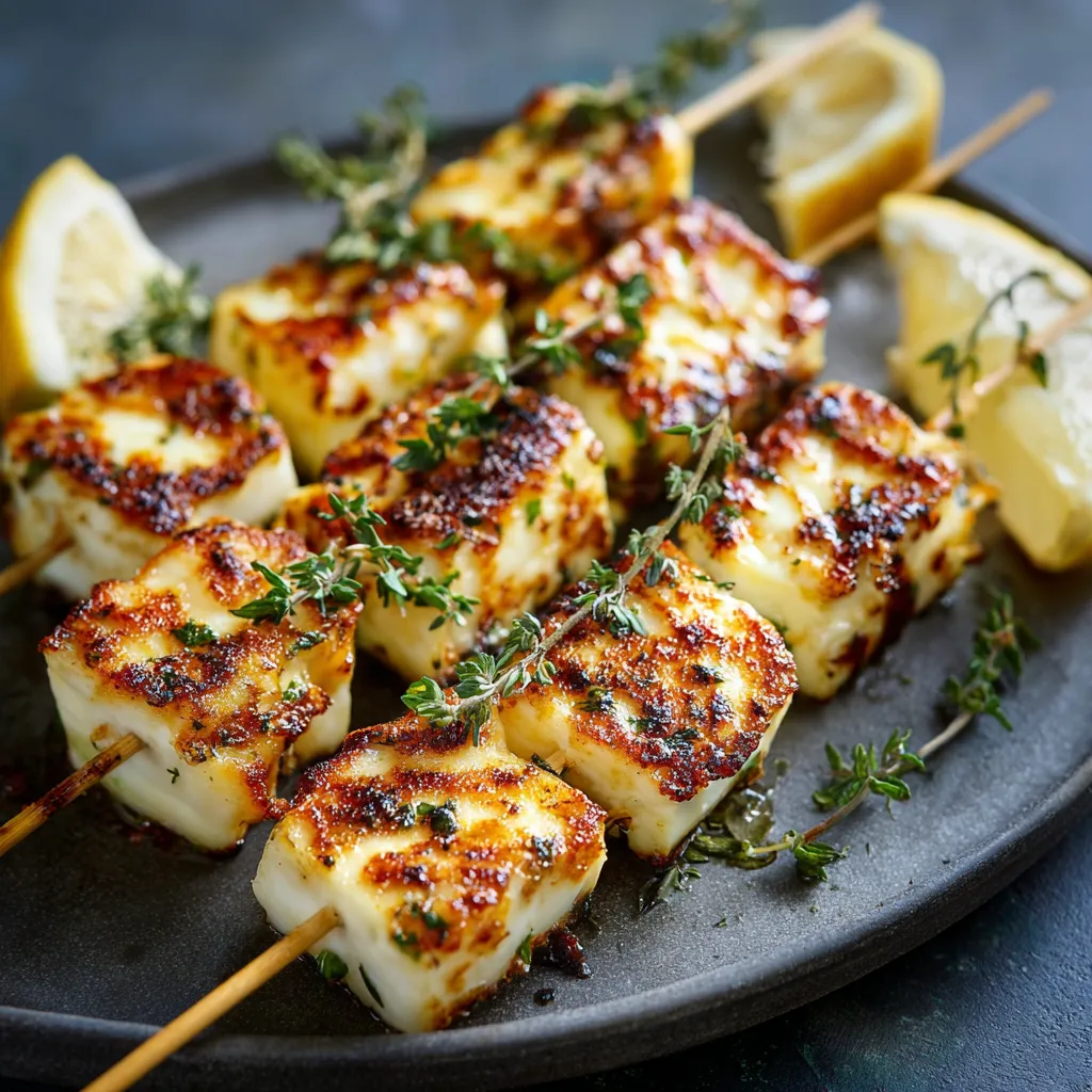 A plate of food with lemon wedges and grilled meat.