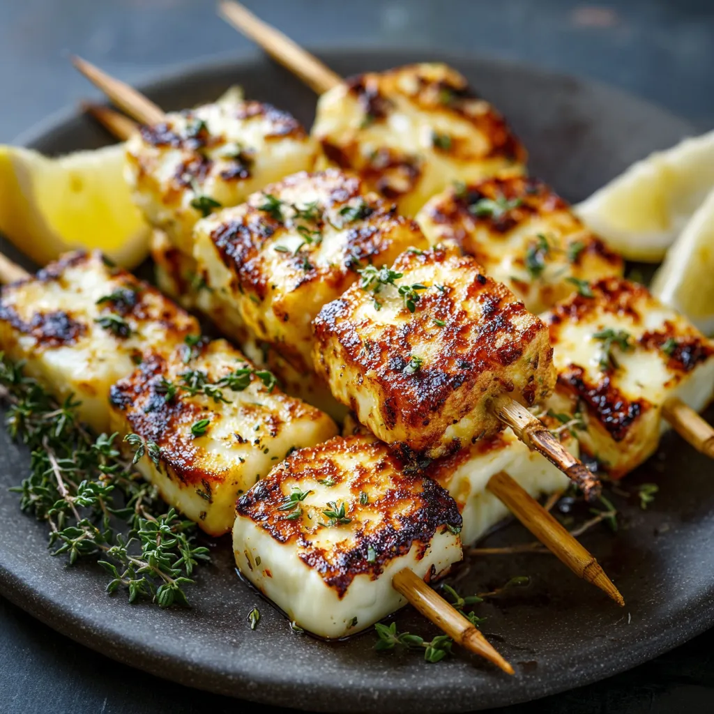 Skewers of meat and vegetables on a plate.