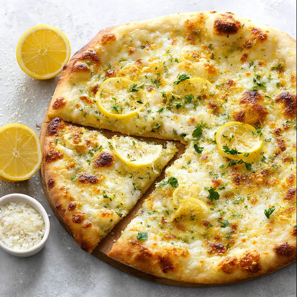 A slice of pizza with lemon wedges on the side.