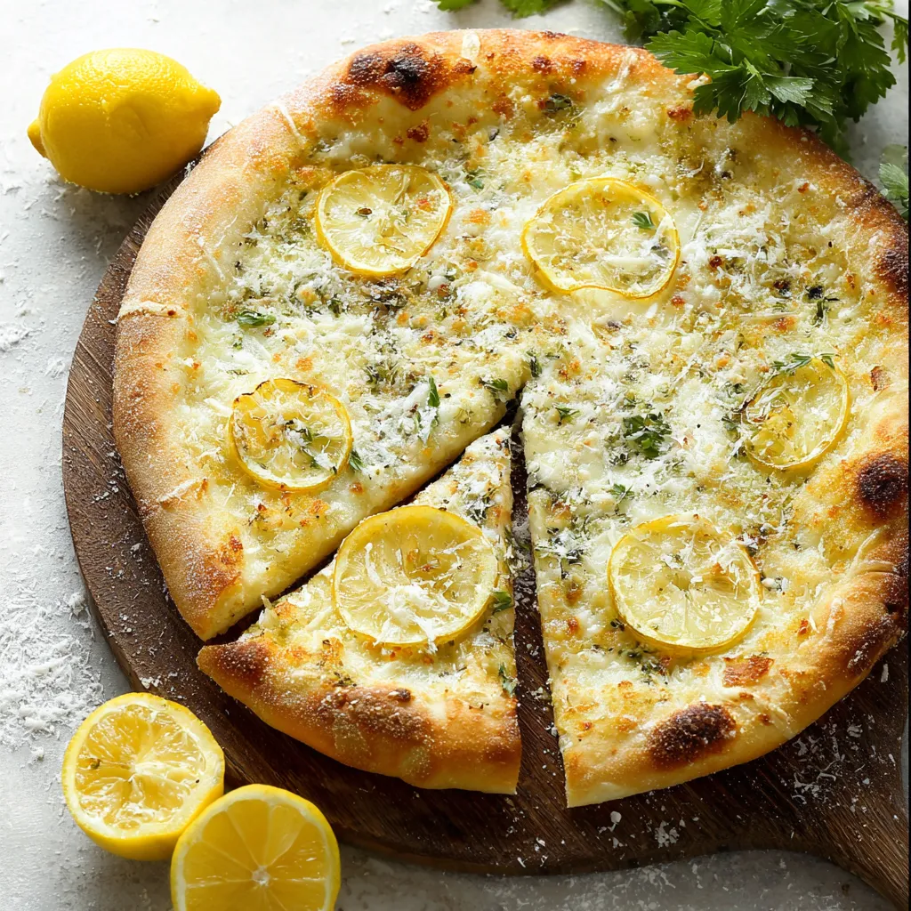 A slice of pizza with lemon wedges on the side.