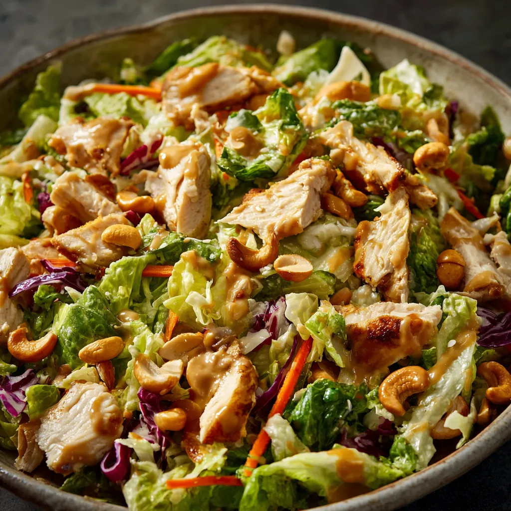 A bowl of salad with chicken, lettuce, and nuts.