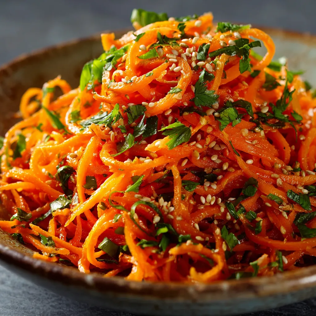 A bowl of shredded carrots with seasoning.