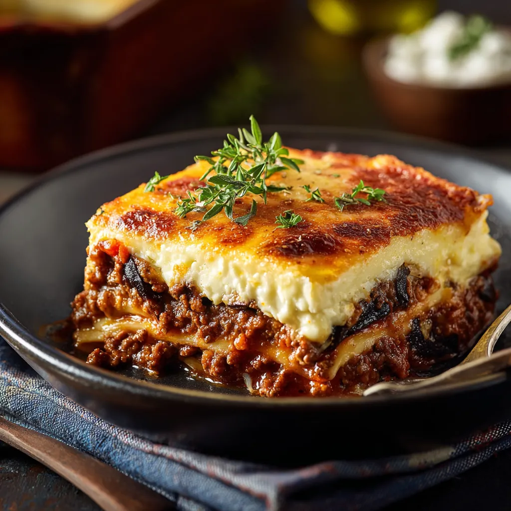 A slice of lasagna with a sprig of parsley on top.