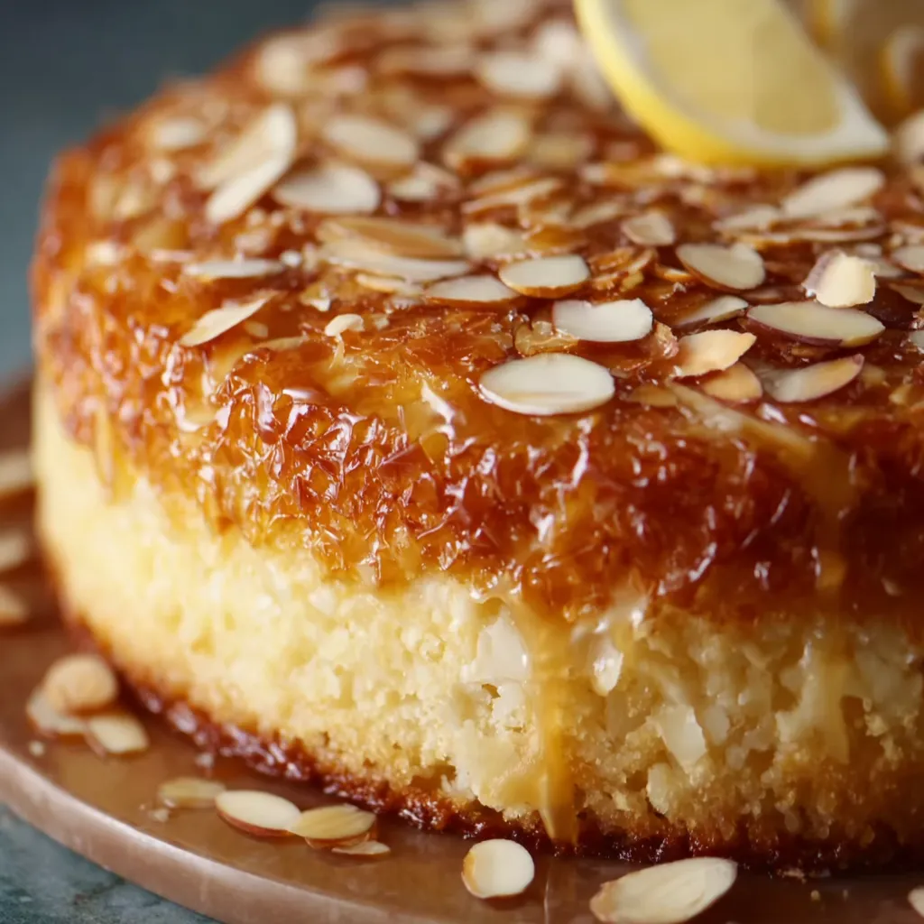 A cake with a lemon wedge on top.