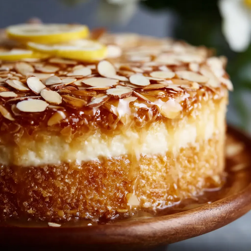 A slice of cake with a lemon on top.