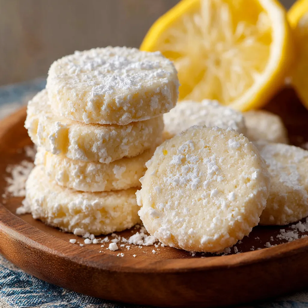A plate of cookies with lemon wedges on top.