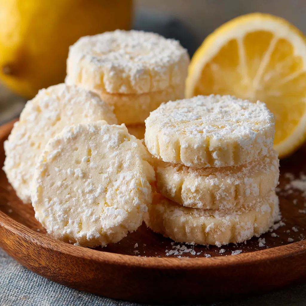A plate of cookies with lemon wedges.