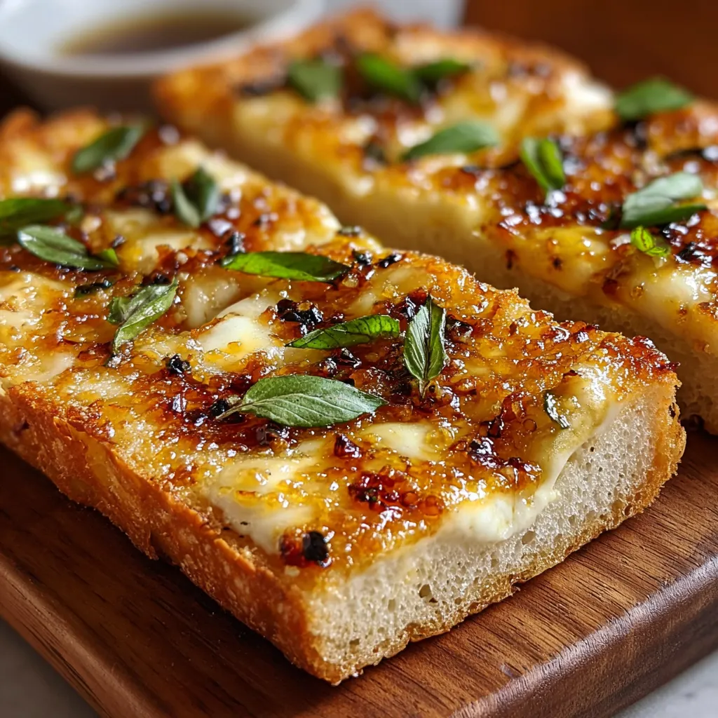 Two pieces of toasted bread with cheese and herbs.