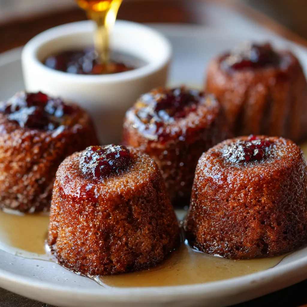 A plate of cakes with syrup drizzled on them.