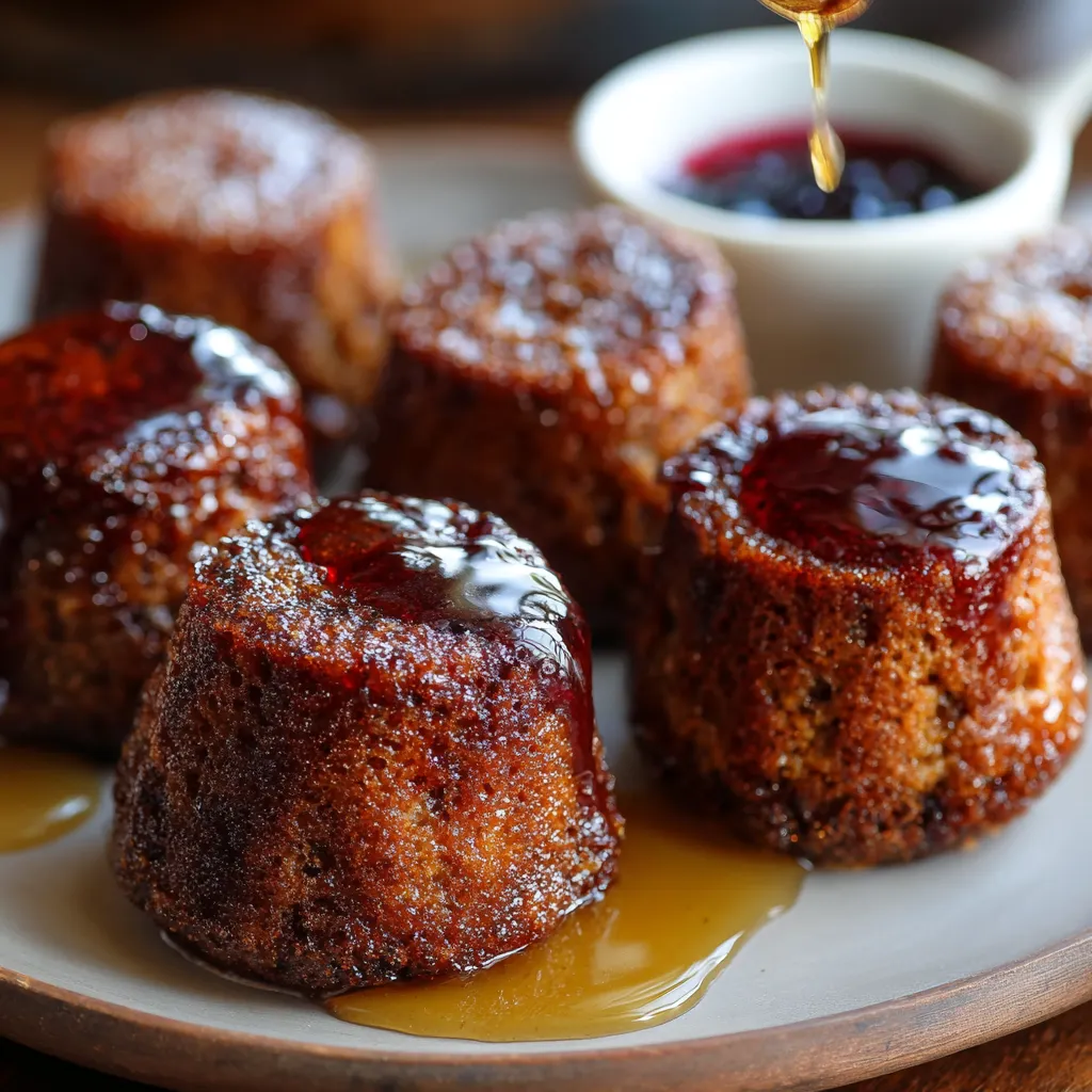 A plate of cake with syrup drizzled on top.