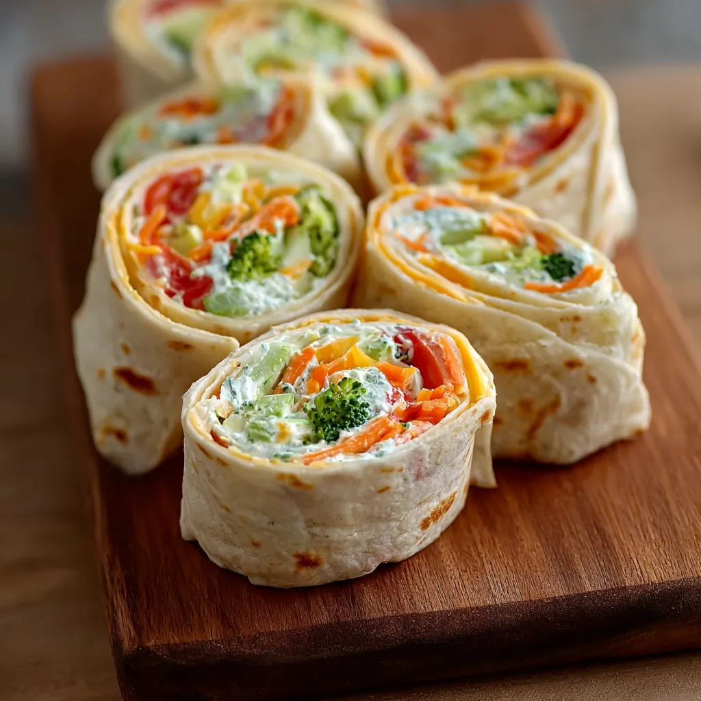 A wooden cutting board with a variety of vegetable wraps.