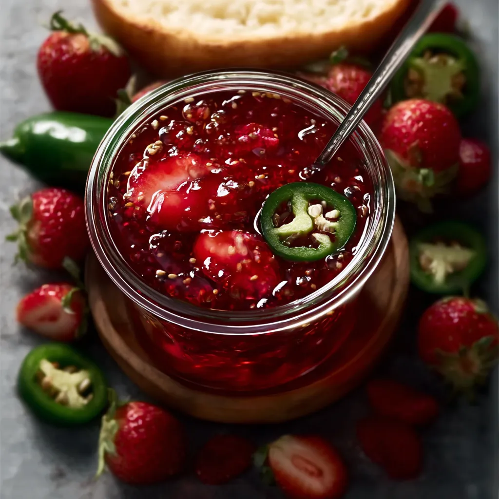 A jar of strawberry jam with a green pepper in it.