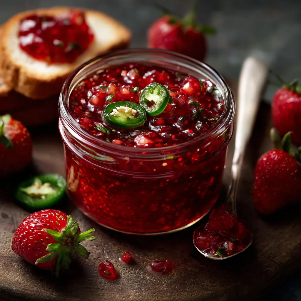 A jar of strawberry jam with a spoon in it.