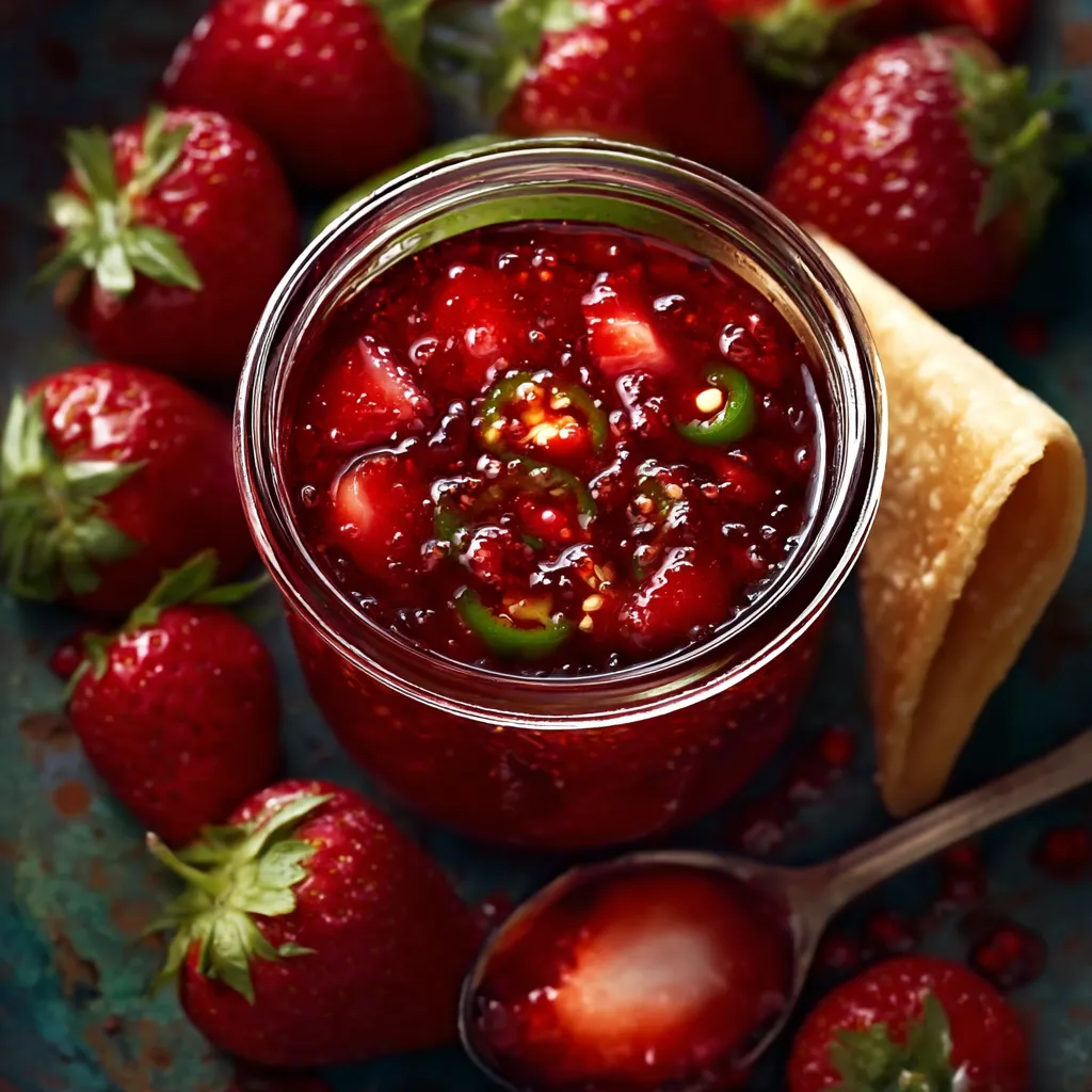 A jar of strawberry jam with strawberries around it.