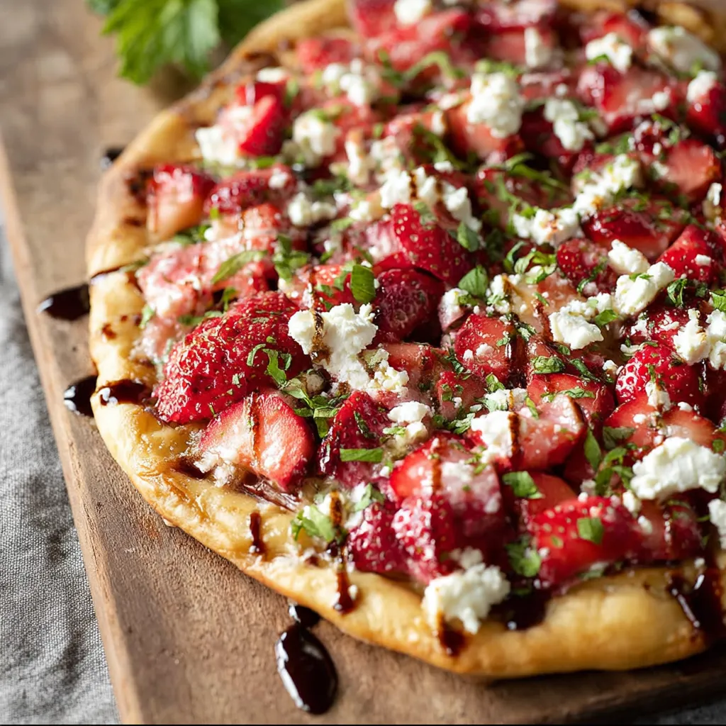 A pizza with strawberries and blue cheese.