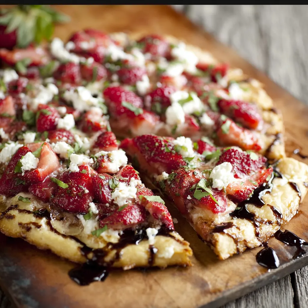 A pizza with strawberries and blue cheese.
