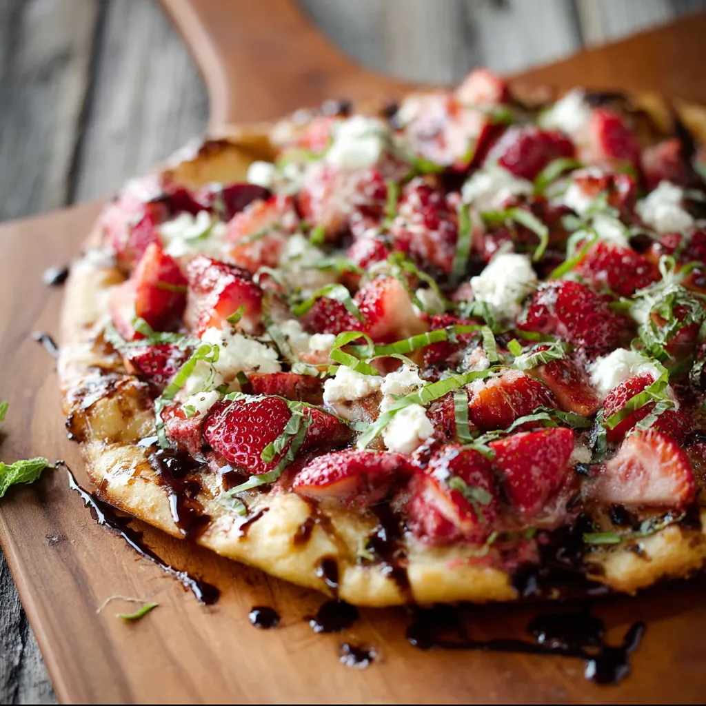 A pizza with strawberries and cheese on top.