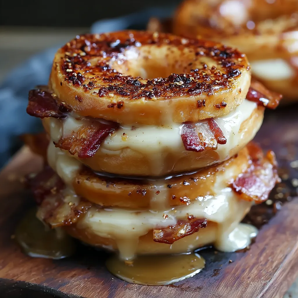 Bacon and cheese donuts stacked on a wooden board.