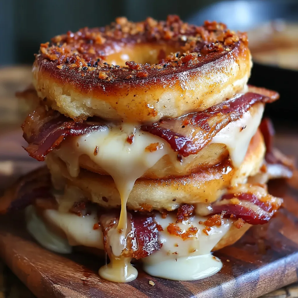 Bacon and cheese sandwich stacked on top of each other.
