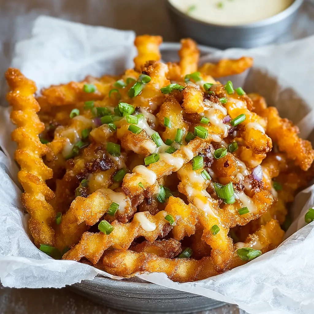 A bowl of fries with cheese and green onions.