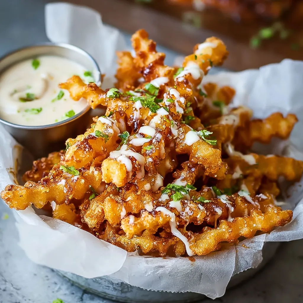 A bowl of fries with a dipping sauce.