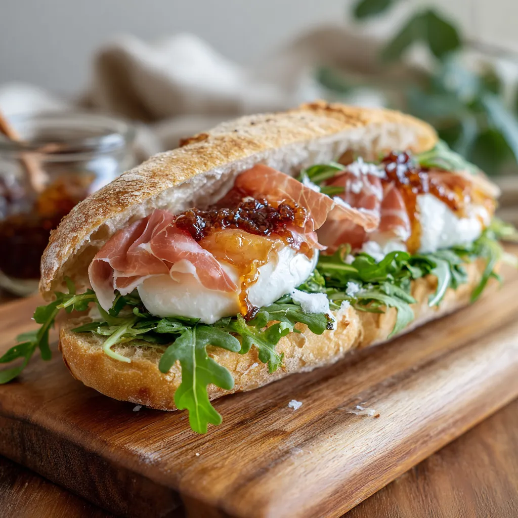 A sandwich with meat, cheese, and greens on a wooden table.