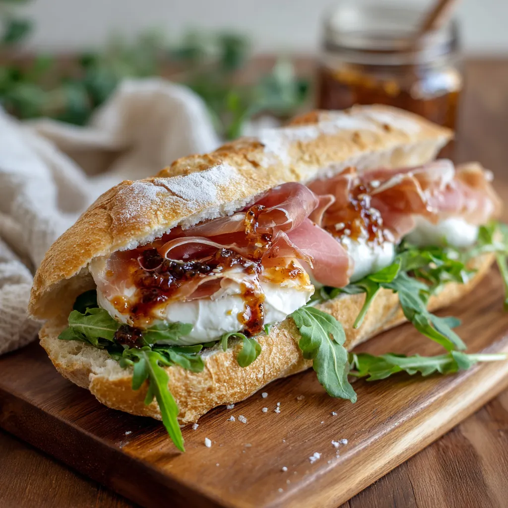 A sandwich with meat and cheese on a wooden table.