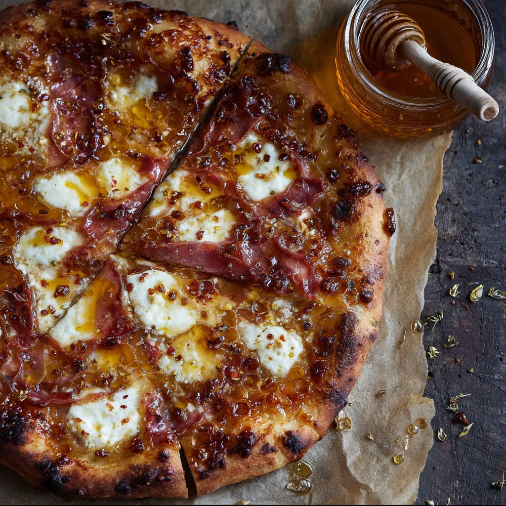 A pizza with ham and cheese on it.