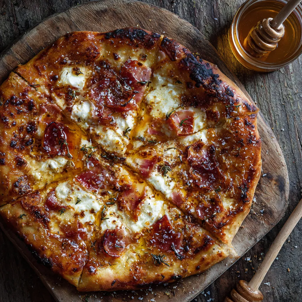 A pizza with cheese and ham on a wooden board.