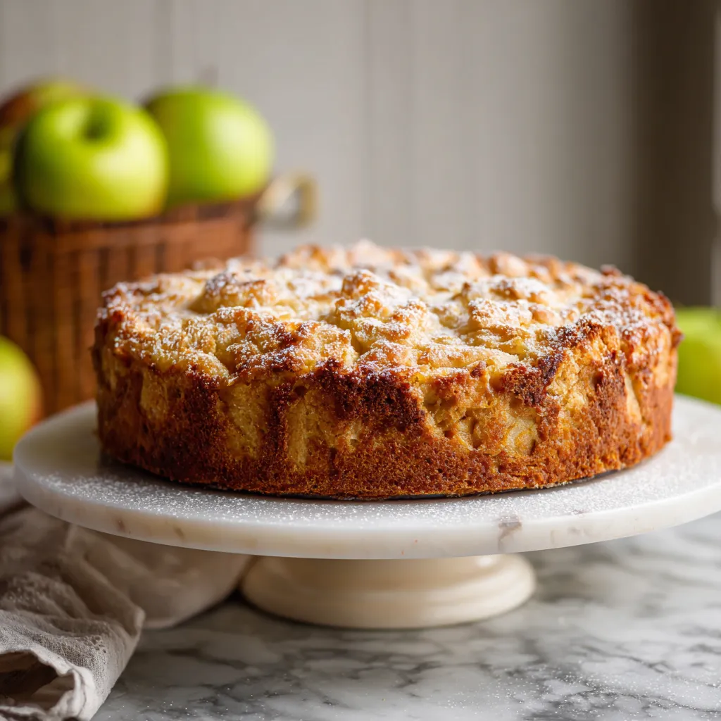 A cake with apples on top.