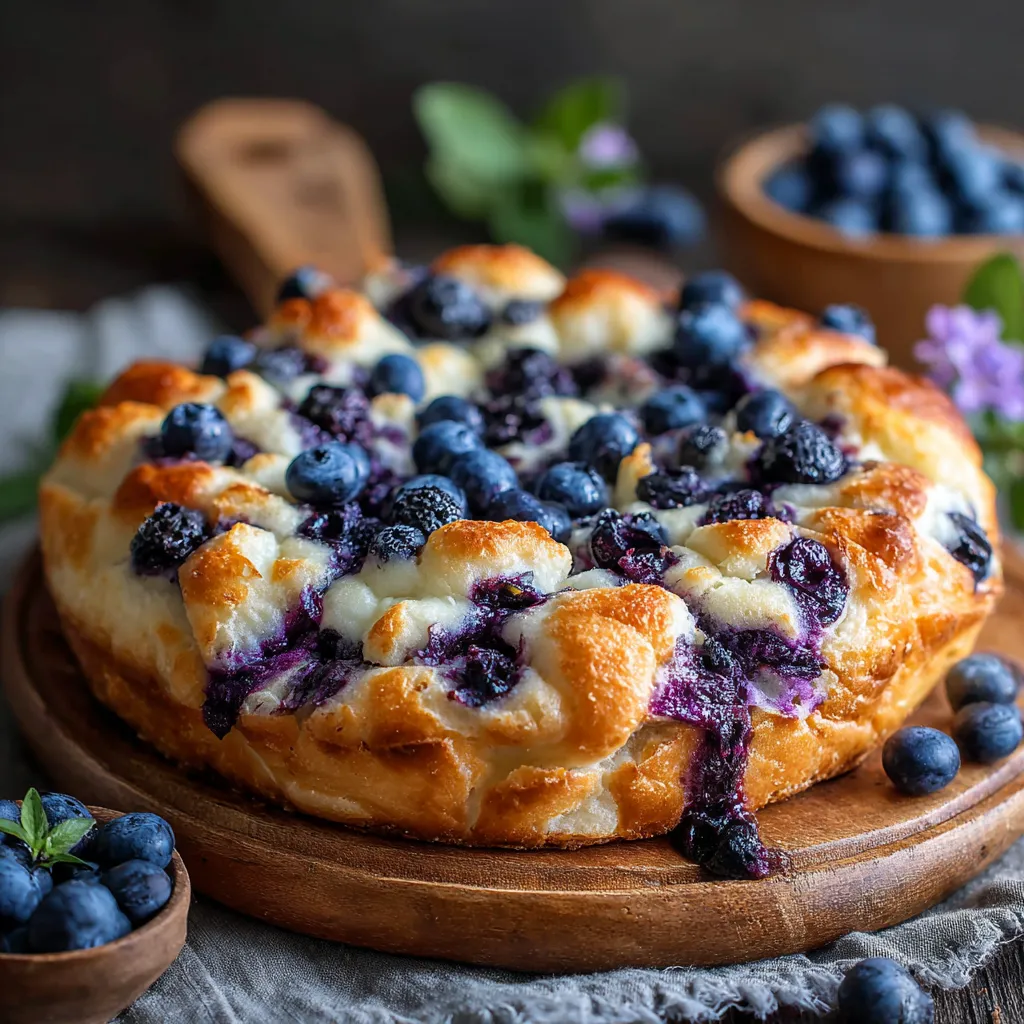A blueberry cake with a wooden board.