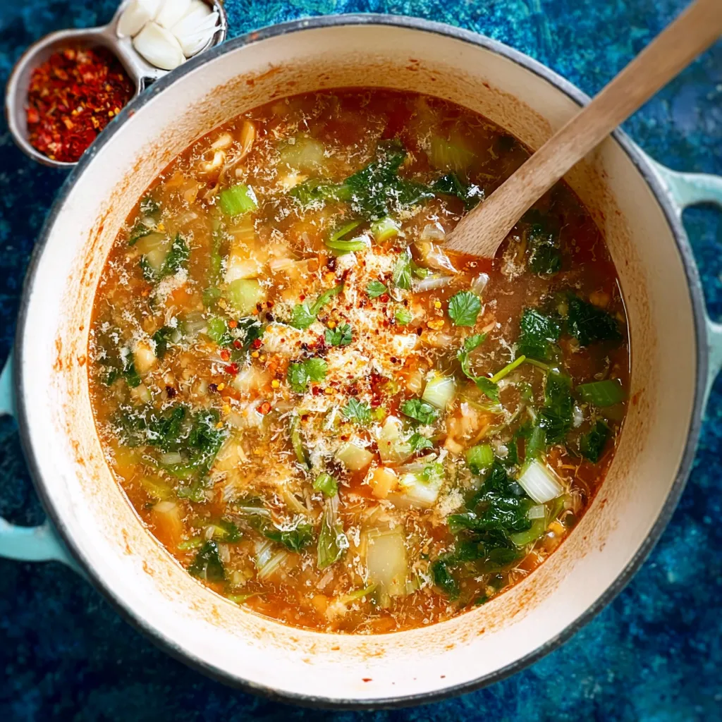 A bowl of soup with vegetables and spices.