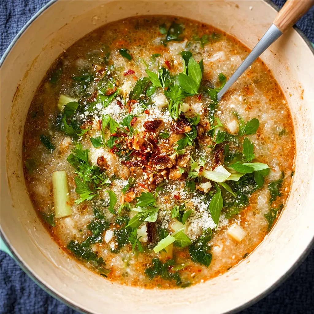 A bowl of soup with a spoon in it.