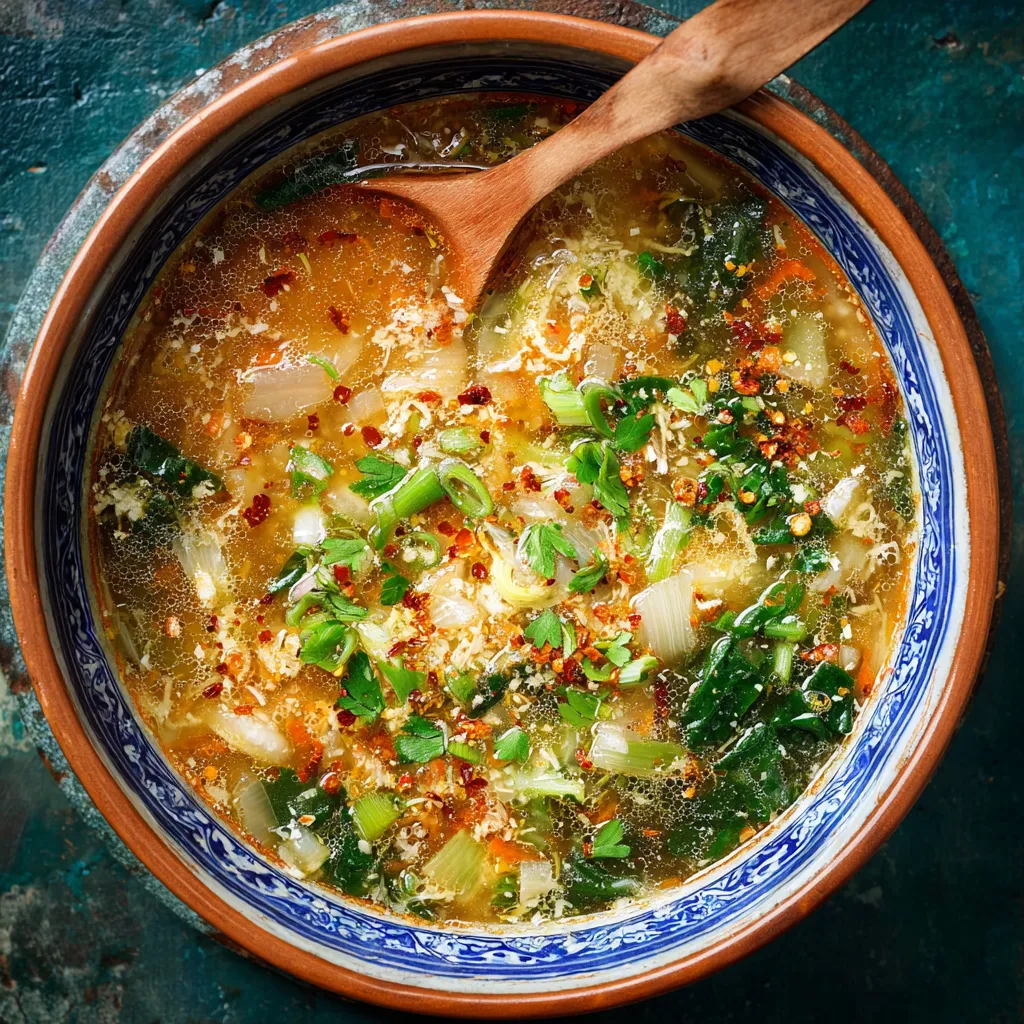 A bowl of soup with a spoon in it.