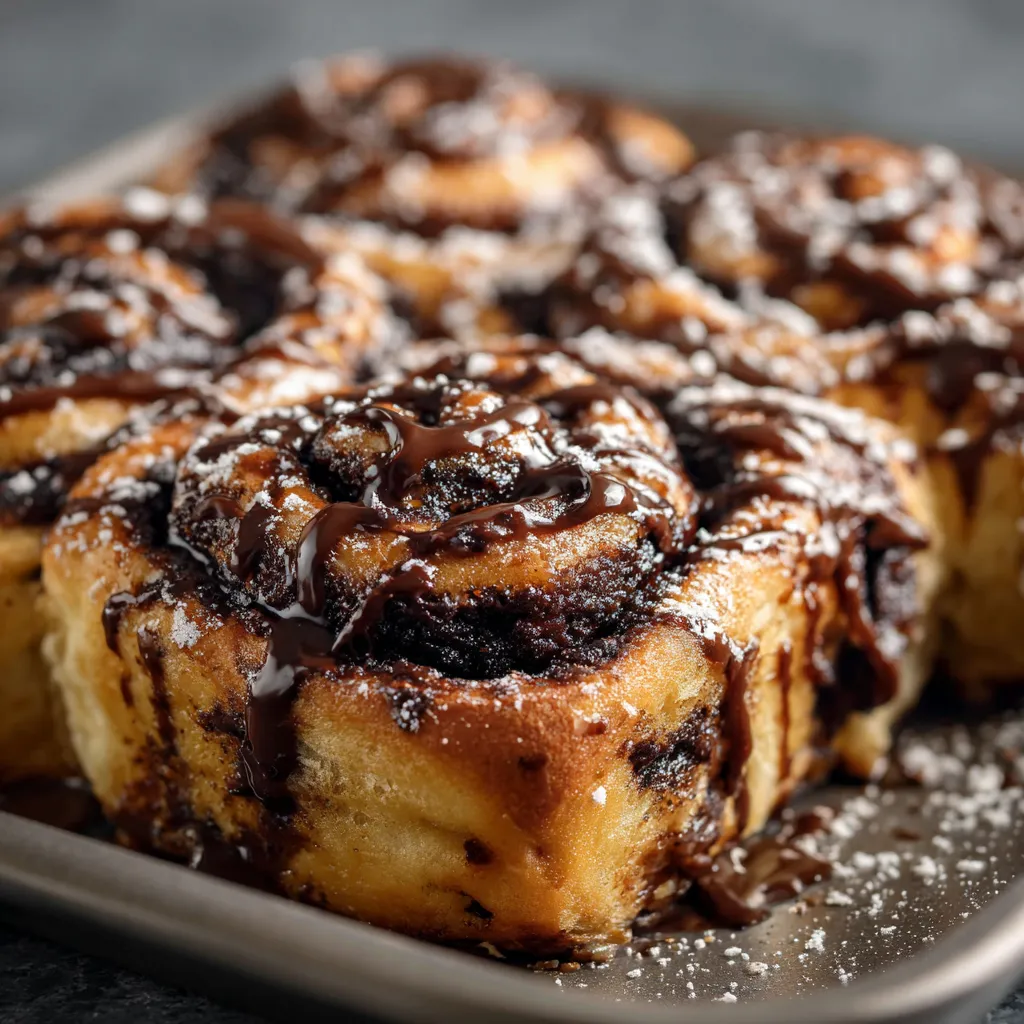 A pan of chocolate covered cinnamon rolls.