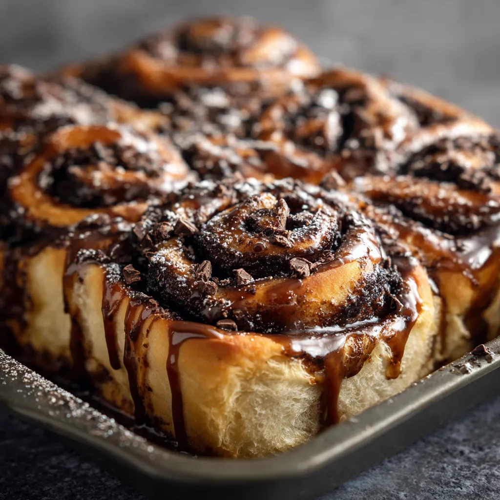 A pan of chocolate covered cinnamon rolls.