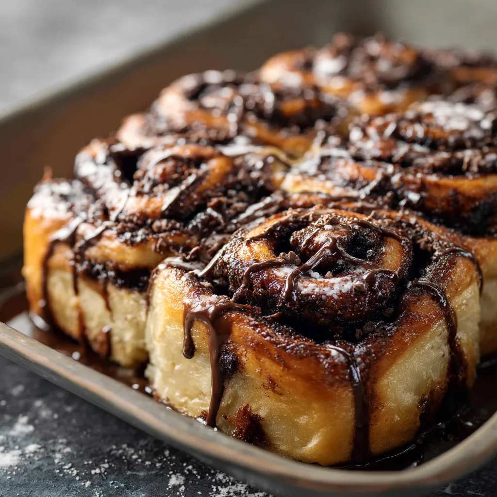 A pan of chocolate covered cinnamon rolls.