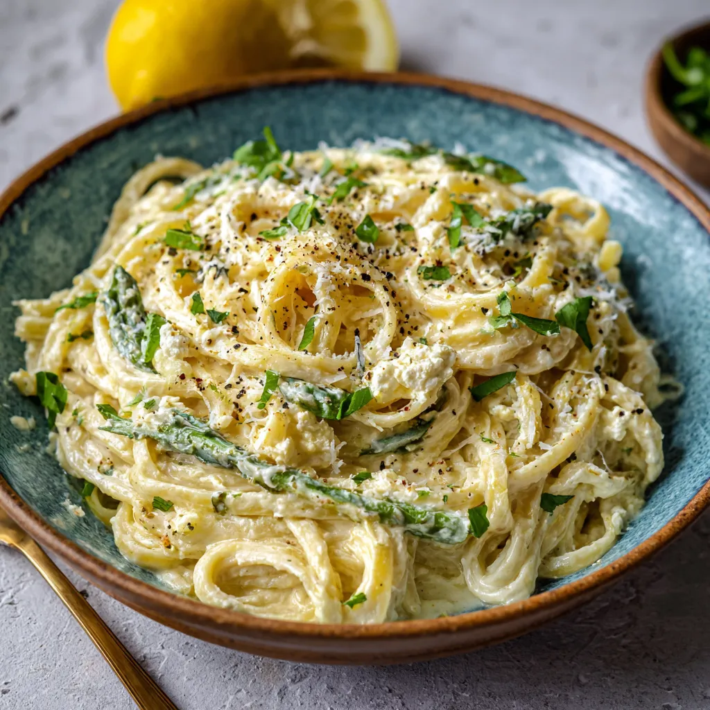 A bowl of pasta with a lemon wedge on top.