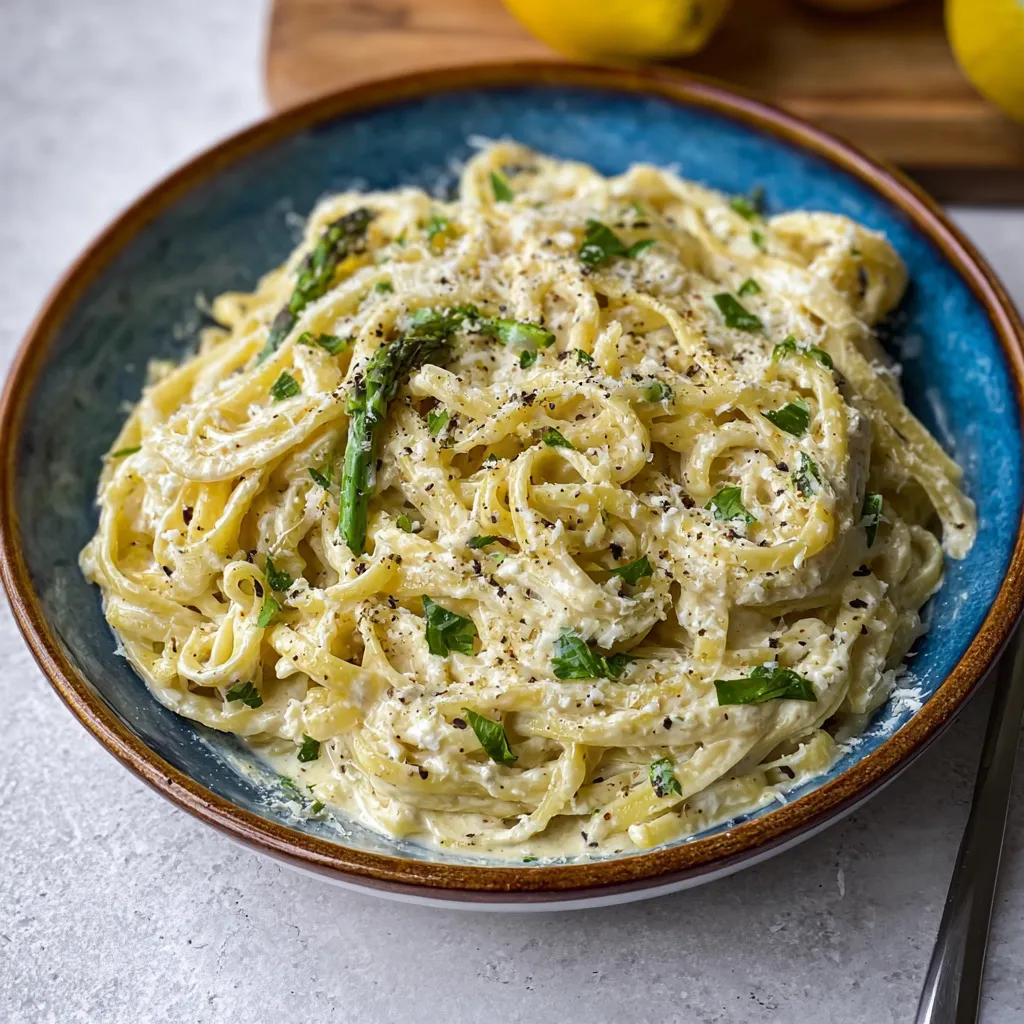 A bowl of pasta with green vegetables.