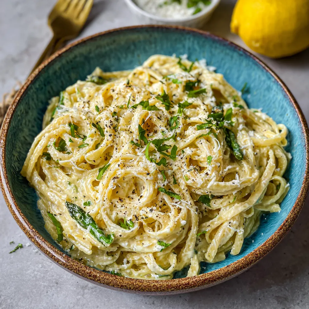 A bowl of pasta with cheese and herbs.