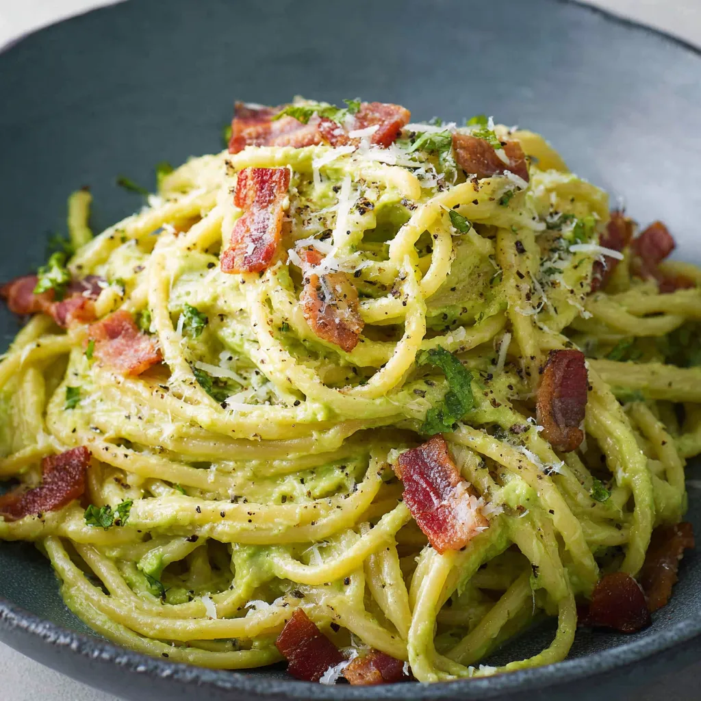 A bowl of pasta with bacon and cheese.