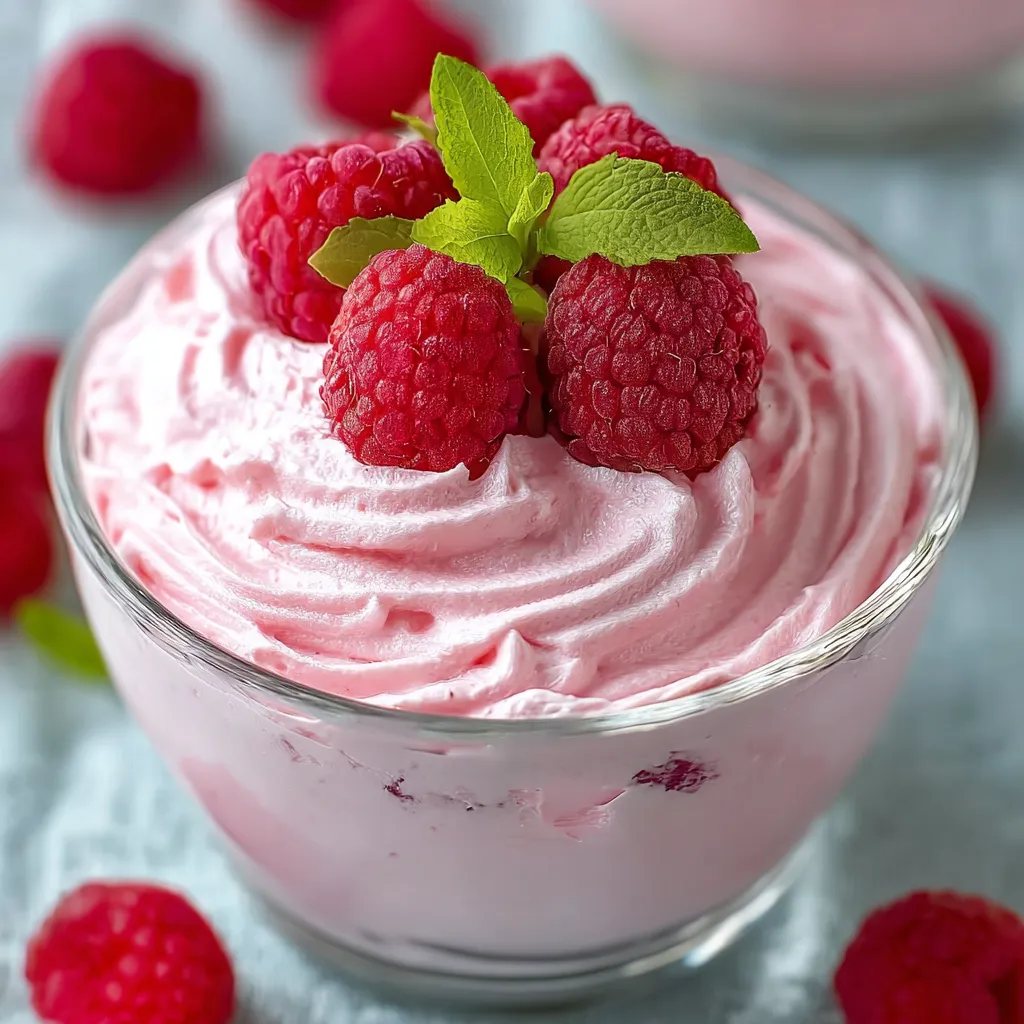 A glass of pink dessert with raspberries on top.