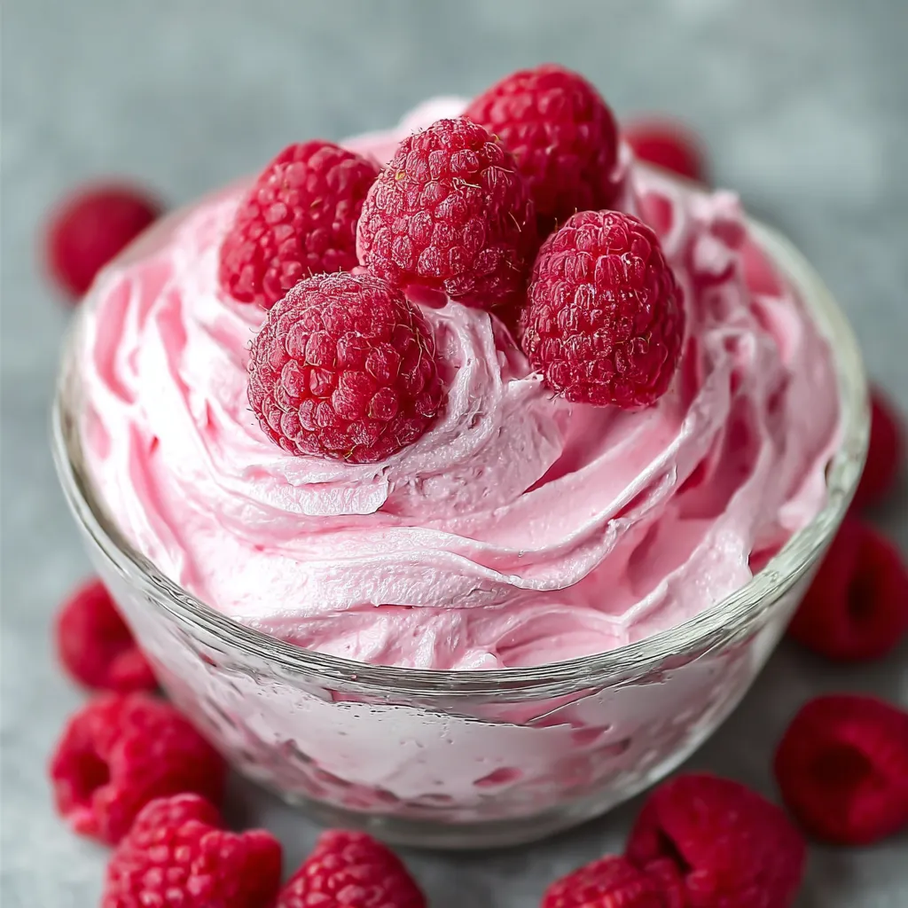 A bowl of pink cream with raspberries on top.
