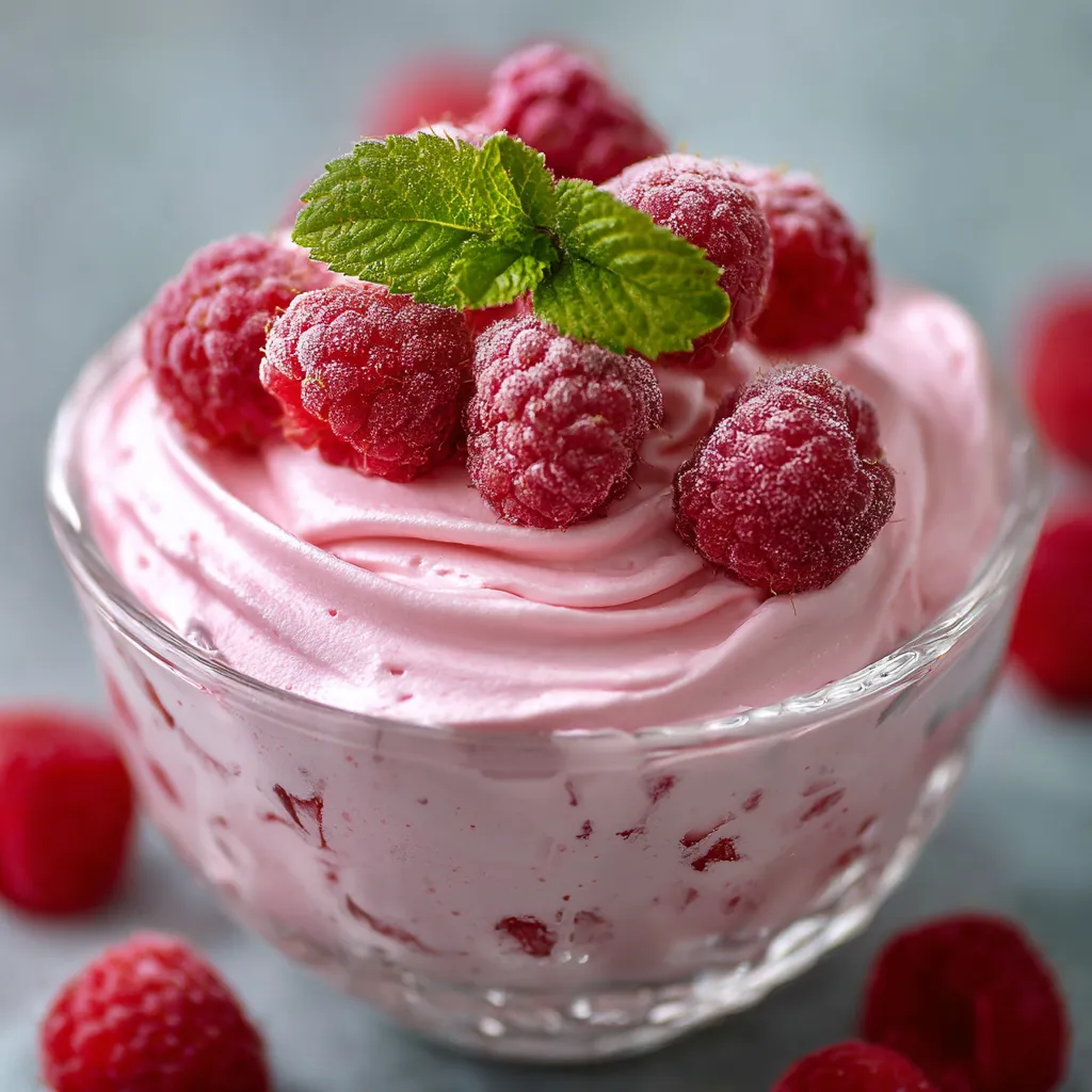 A bowl of raspberry sorbet with a green leaf on top.