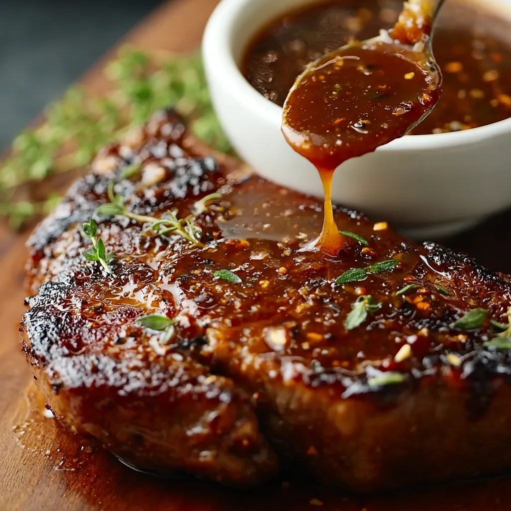 A piece of meat with sauce dripping on it.